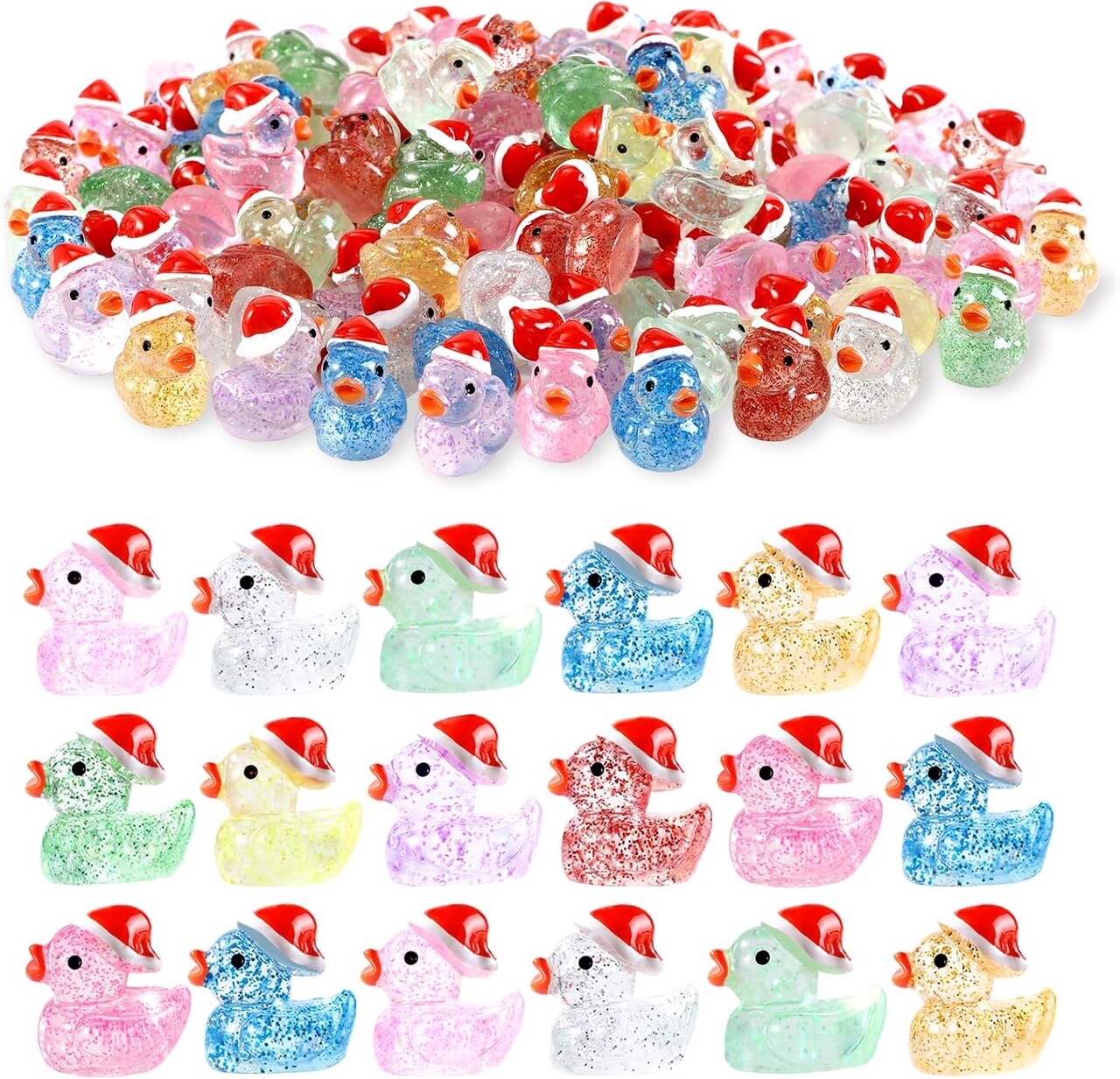 Christmas Mini Glitter Ducks 60pcs Colorful Tiny Small Little Resin Ducks to Hide Plastic Miniatures